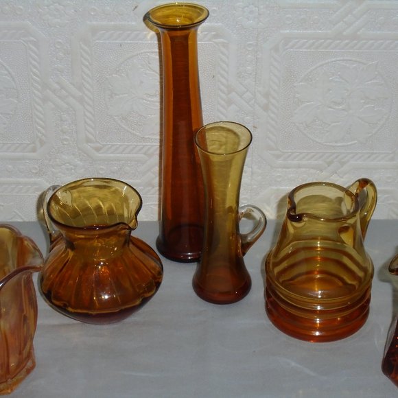 VINTAGE MINIATURE, AMBER GLASS, LOT, PITCHER/DECANTER & VASE, USED NICELY STORED - Picture 15 of 15